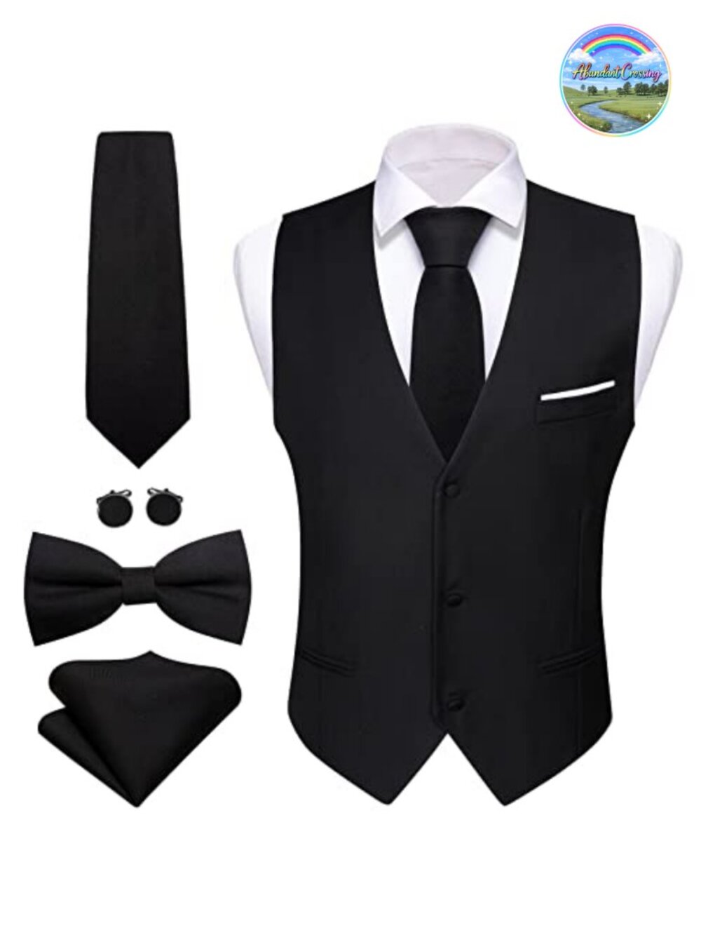 Mens 5PC Formal Suit Vest Set Tie Bowtie Pocket Square Cufflinks Slim Fit